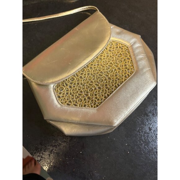 Vintage Stuart Weitzman Gold Evening Bag Embellished Lace Overlay Rhinestone - Picture 3 of 10